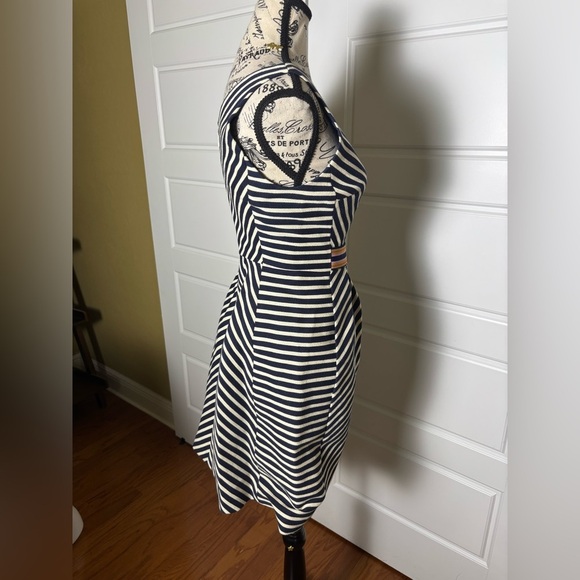 Anthropologie Maeve Mitered Navy & White Stripe Double V Sleeveless Dress - Picture 4 of 7